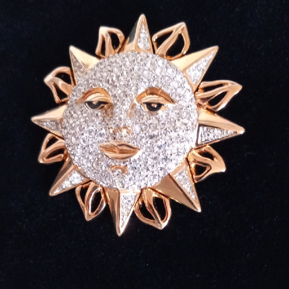 Vintage Swarovski Sun Face Brooch with Pave Crystals, Gold-Tone Setting